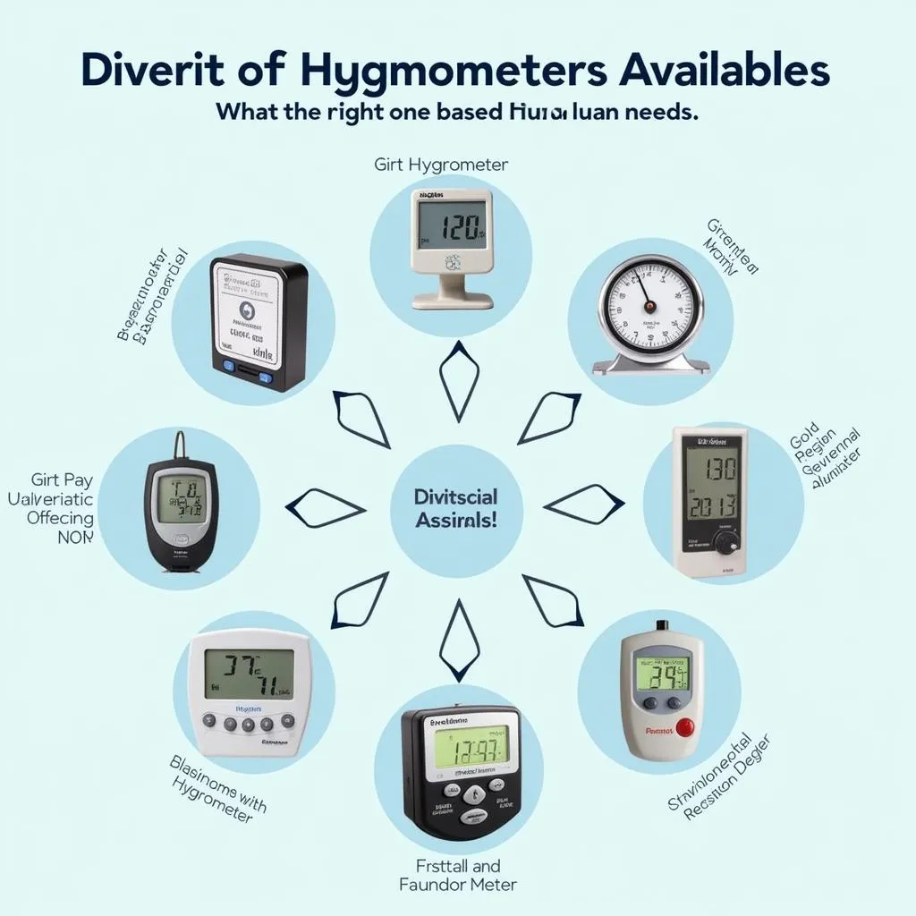 Different types of hygrometers are displayed, showcasing their applications - a mechanical hygrometer for a greenhouse, a digital one for a home, and a specialized one for a cigar humidor.