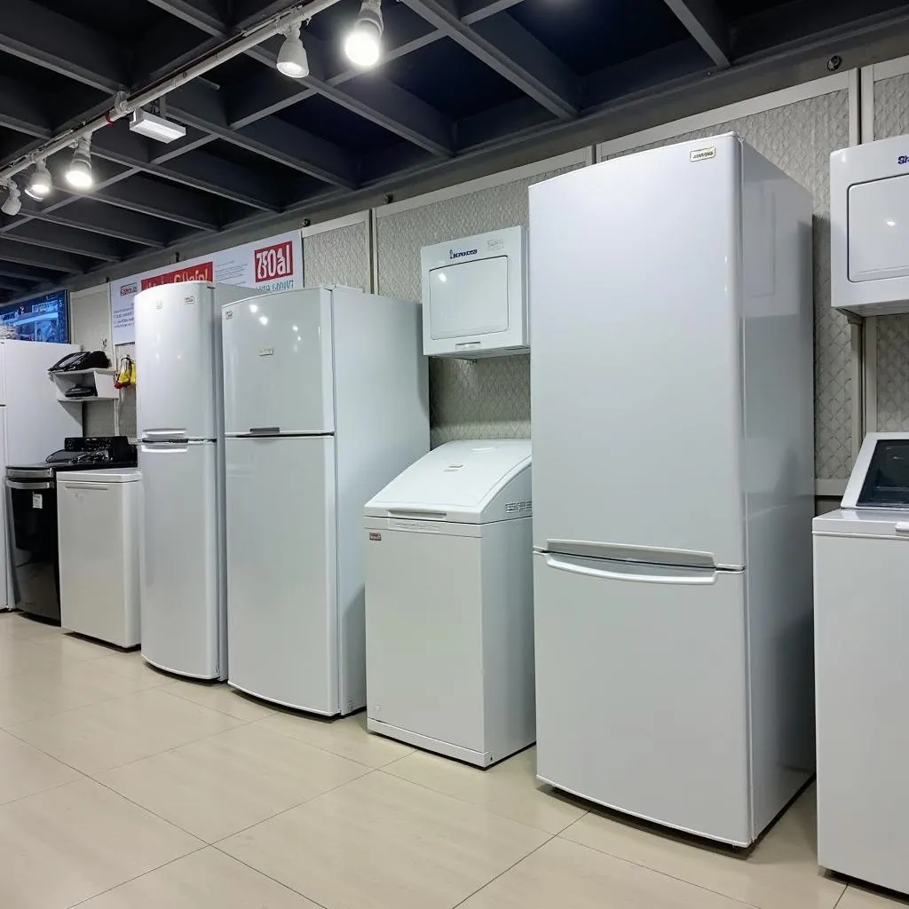 Different types of small freezers displayed in an electronics store