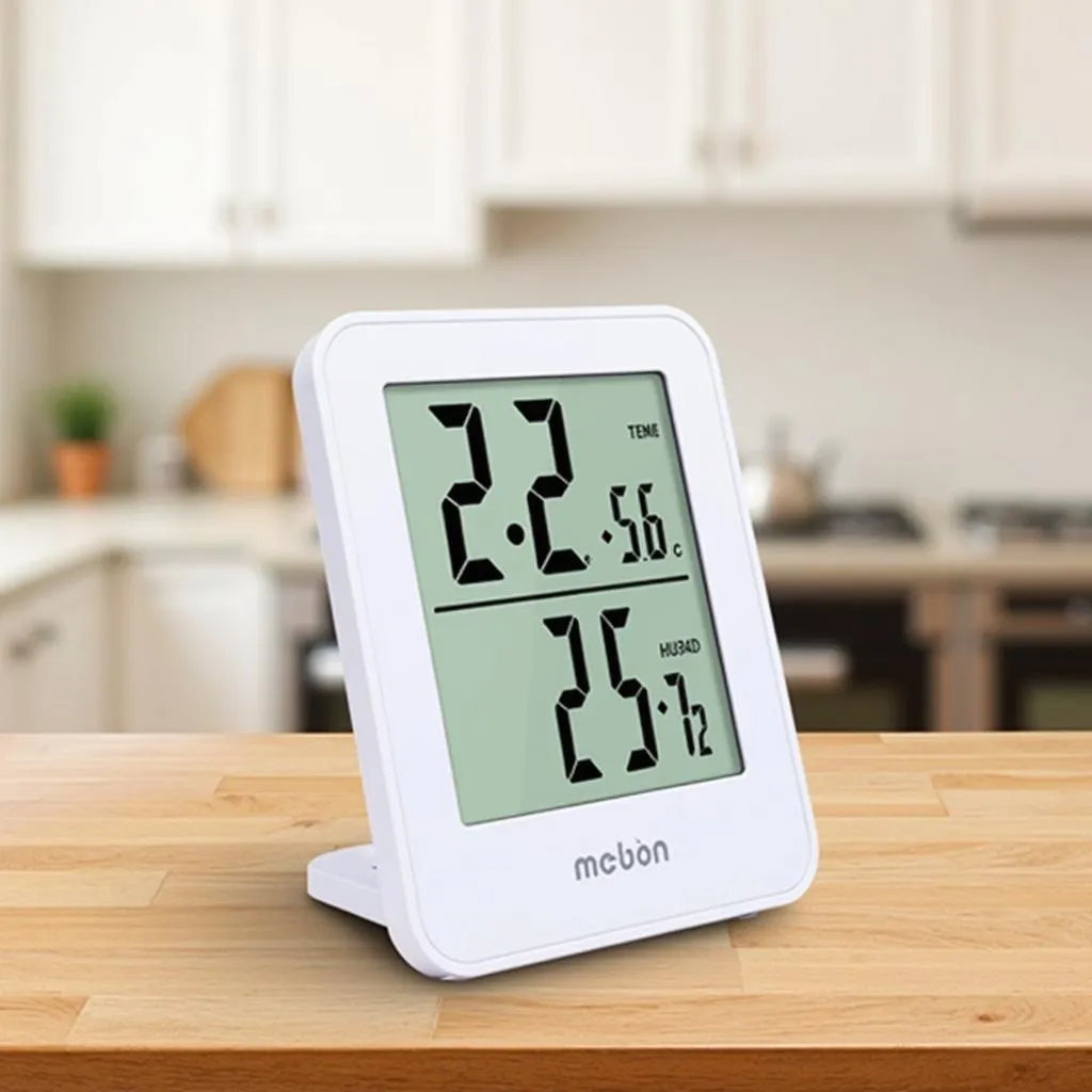 Digital hygrometer with LCD screen showing humidity and temperature readings.