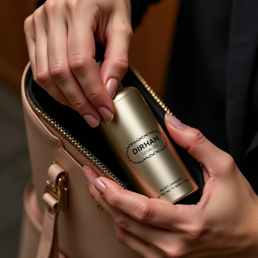 Woman's Hand Reaching for Dirham Body Spray in Handbag