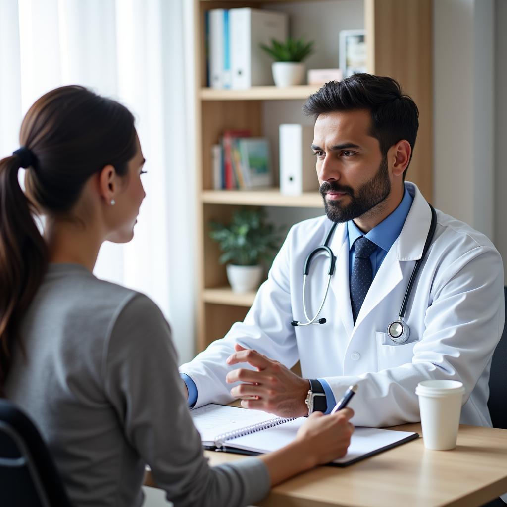 A Pakistani doctor consulting with a patient about medication.