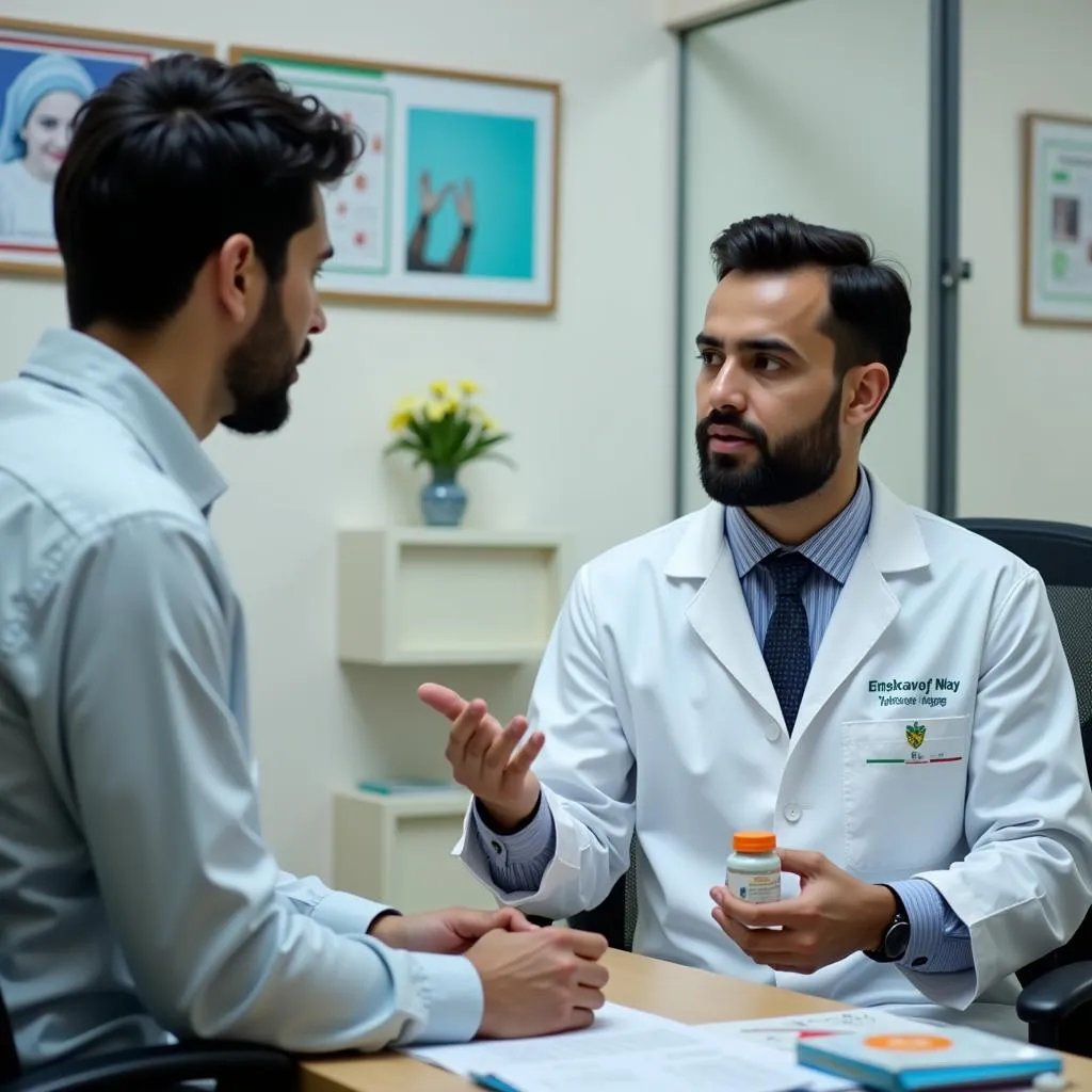 Pakistani doctor explaining Sensival tablet uses to a patient