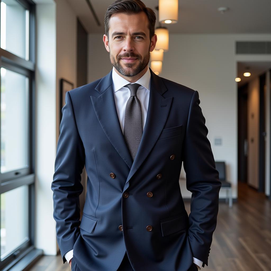 A man in a double-breasted suit in a modern office setting