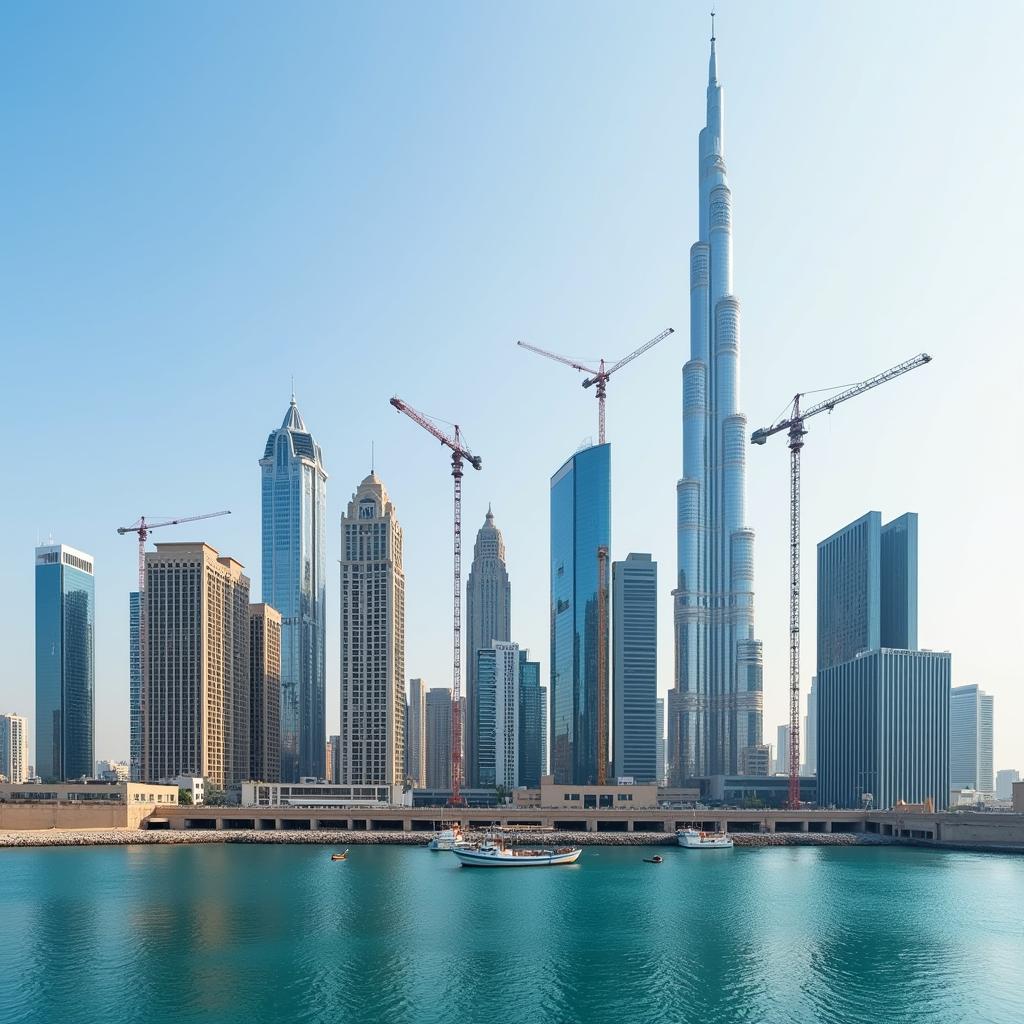 Dubai skyline with construction cranes