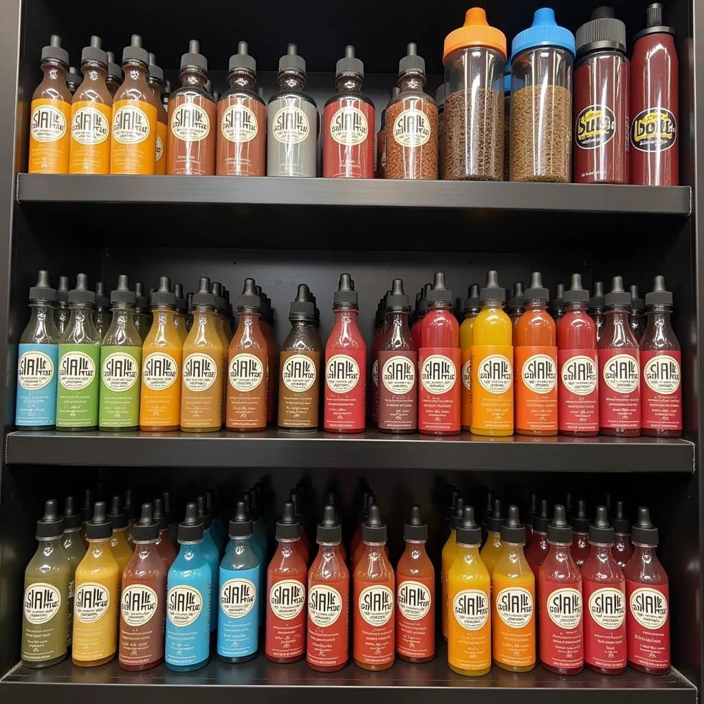 Different e-liquid flavors displayed in a store in Pakistan