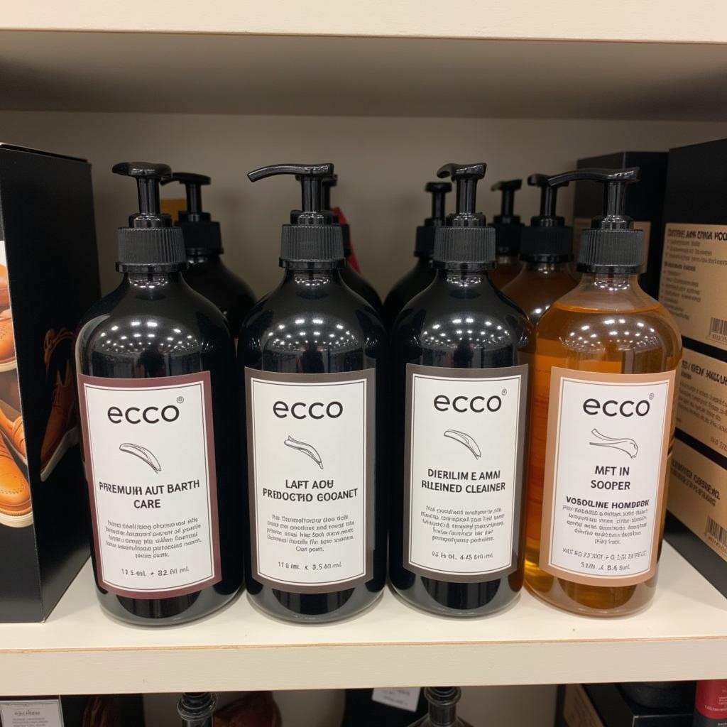 Leather Care Products for Ecco Shoes Displayed on a Shelf