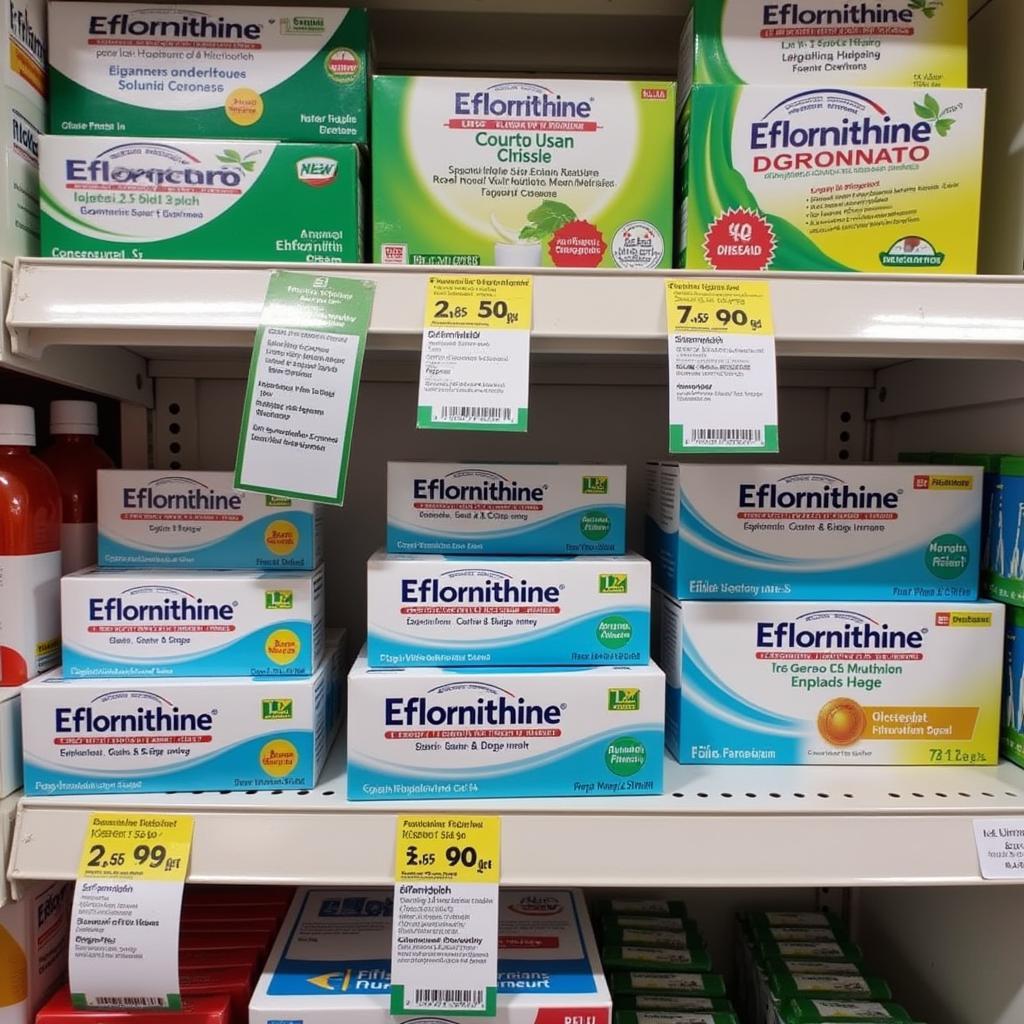 various eflornithine cream brands in a pharmacy