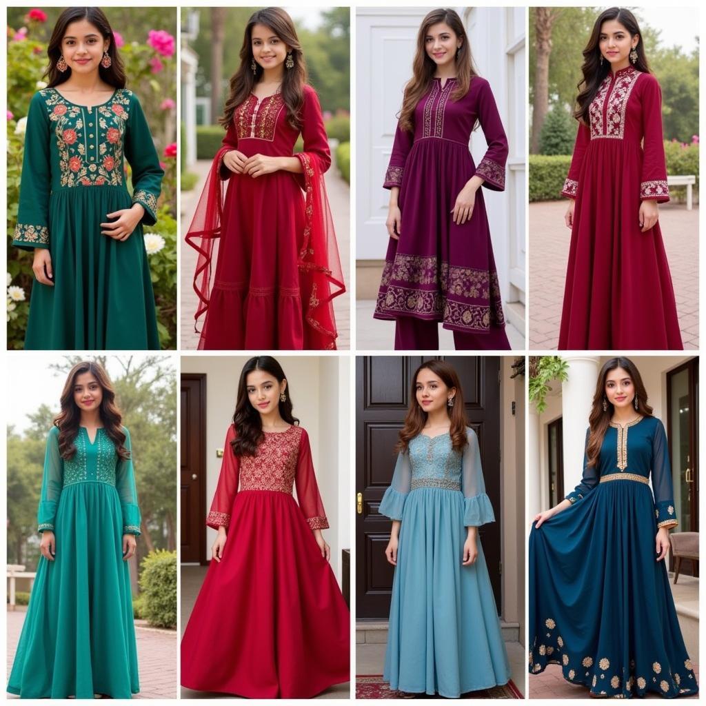 A vibrant color palette of Eid dresses for girls in Pakistan, showcasing shades like emerald green, ruby red, and sapphire blue.