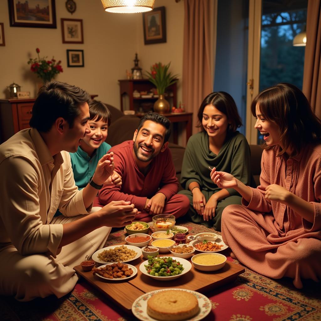 Family enjoying Eid ul Fitr meal in Pakistan