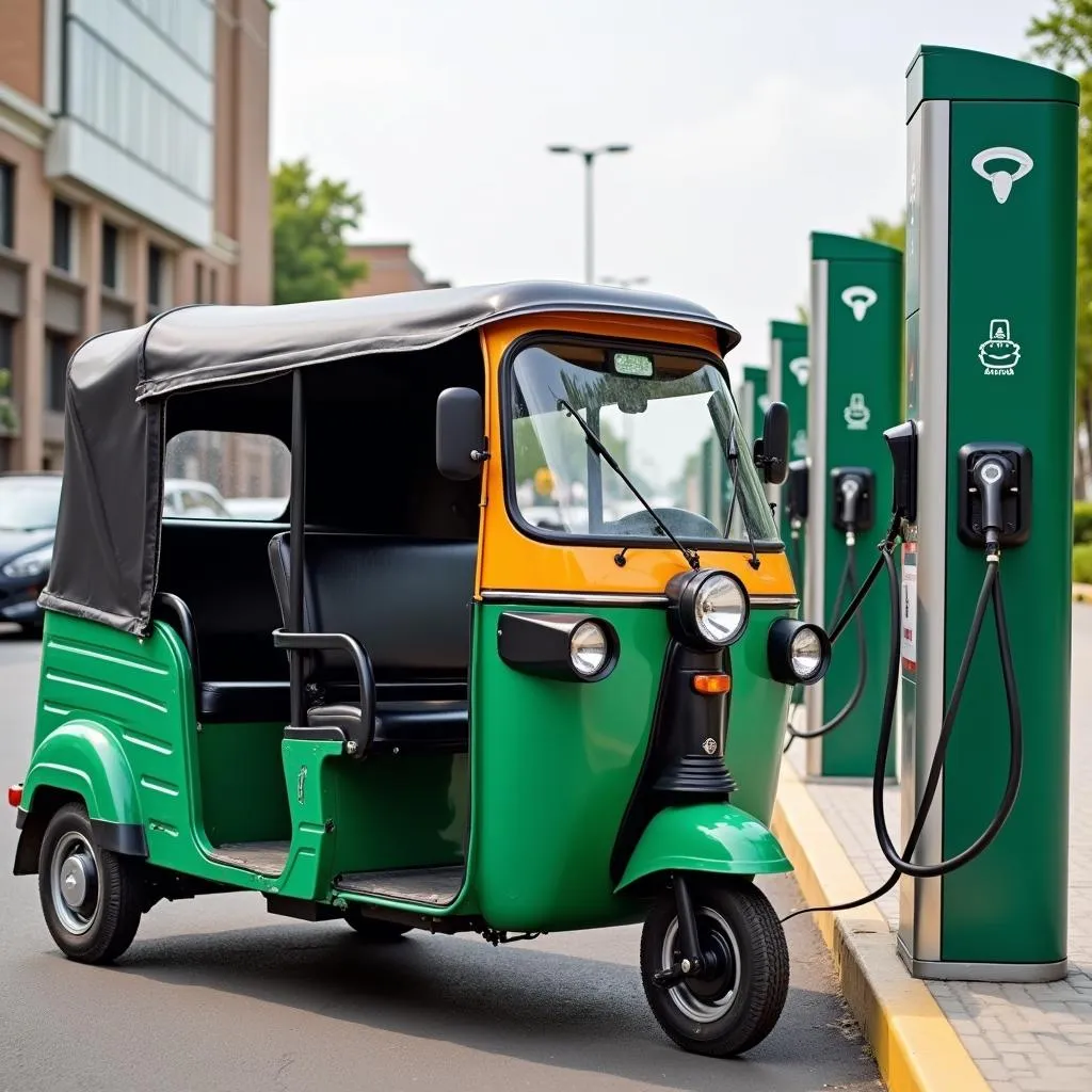 Electric rickshaw plugged into a charging station