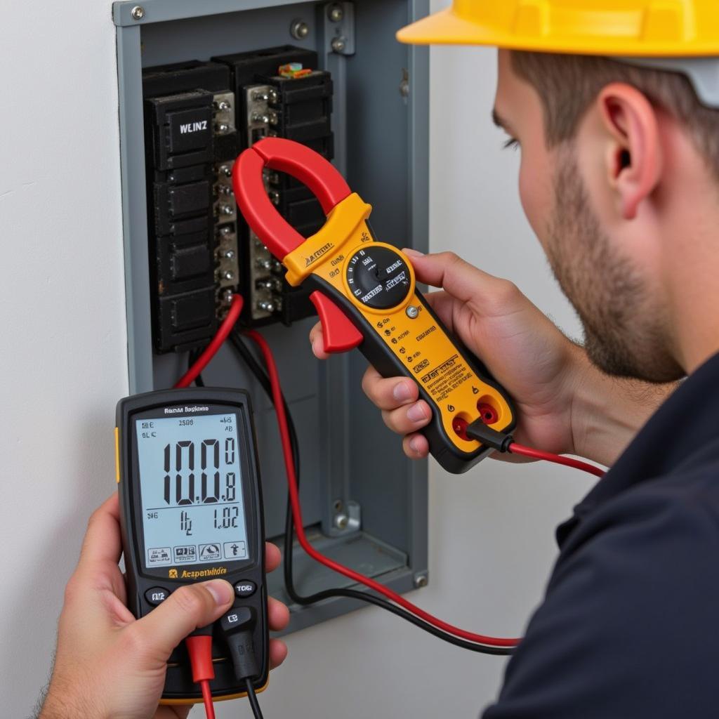 Electrician using Uni-T UT203 clamp meter for troubleshooting