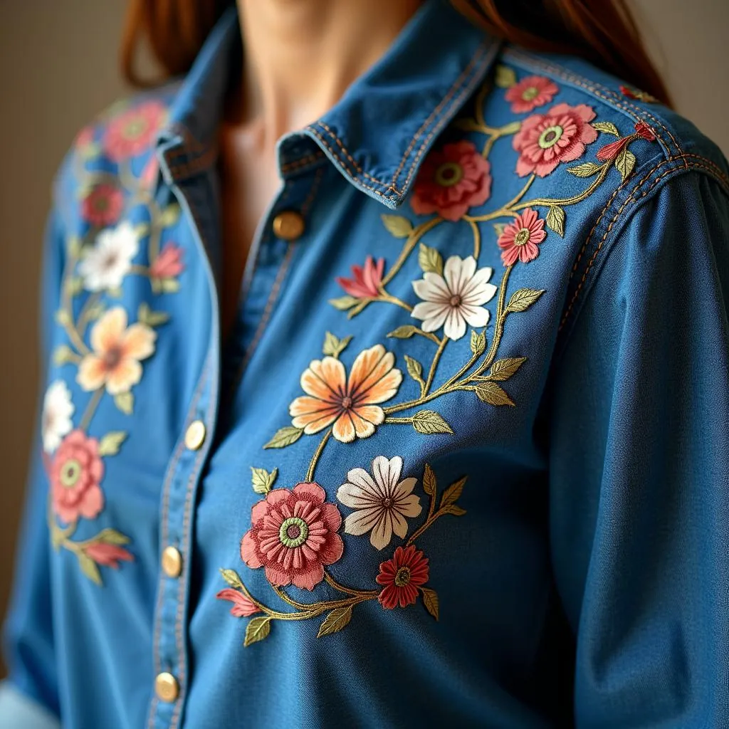 Embroidered denim shirt with intricate floral patterns