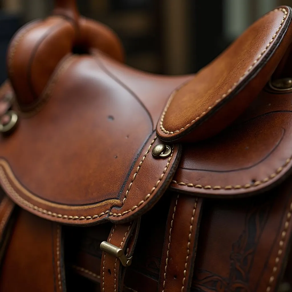 English saddle craftsmanship: A close-up shot showcasing the intricate stitching and leatherwork of a high-quality English saddle.