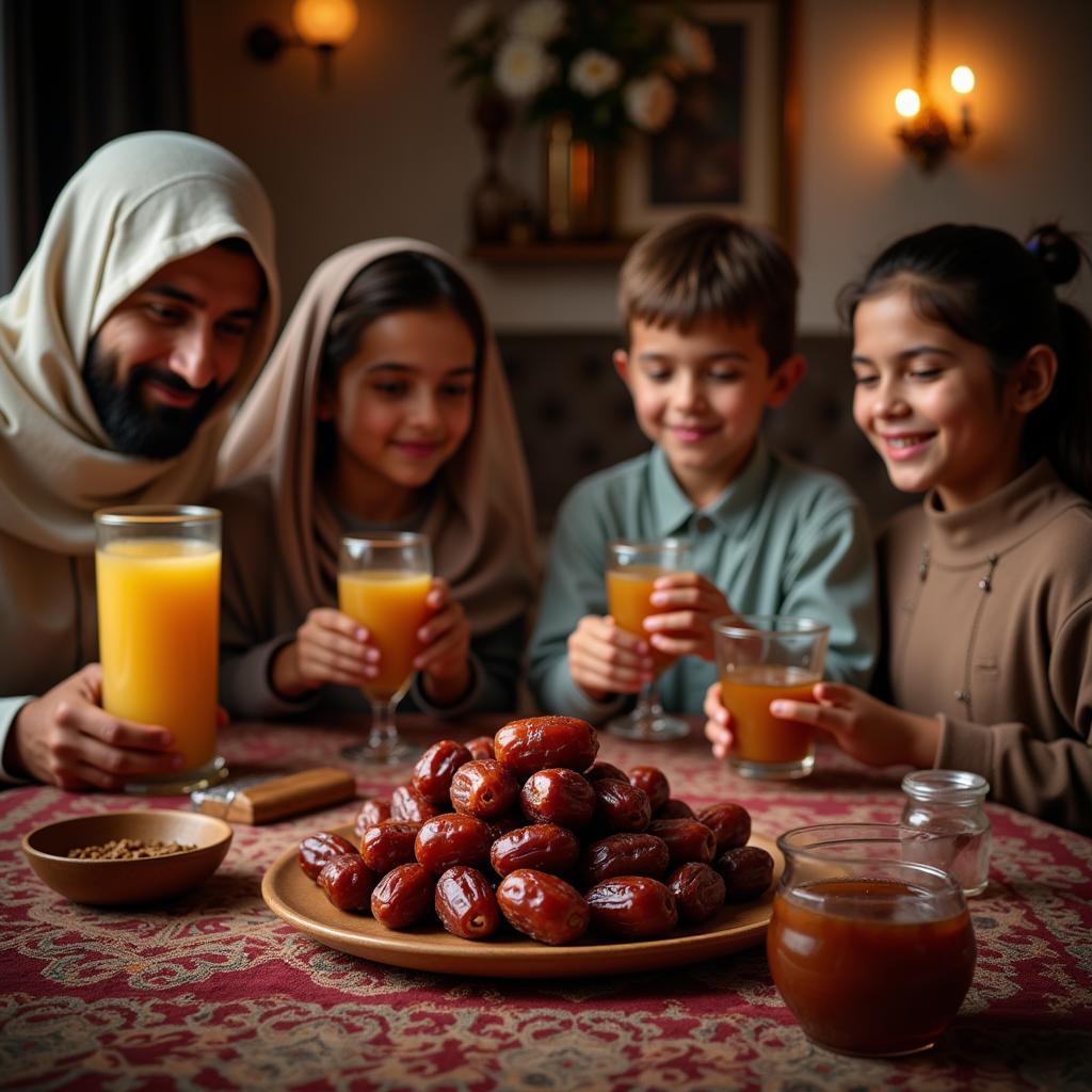 A family enjoying Ajwa dates together during Ramadan.