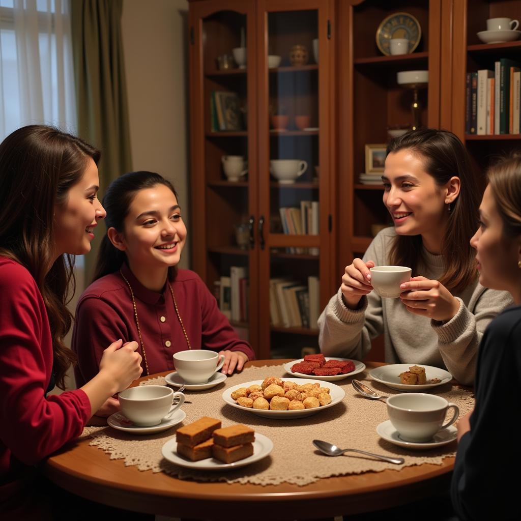 Friends enjoying Turkish delight and tea in a Pakistani home