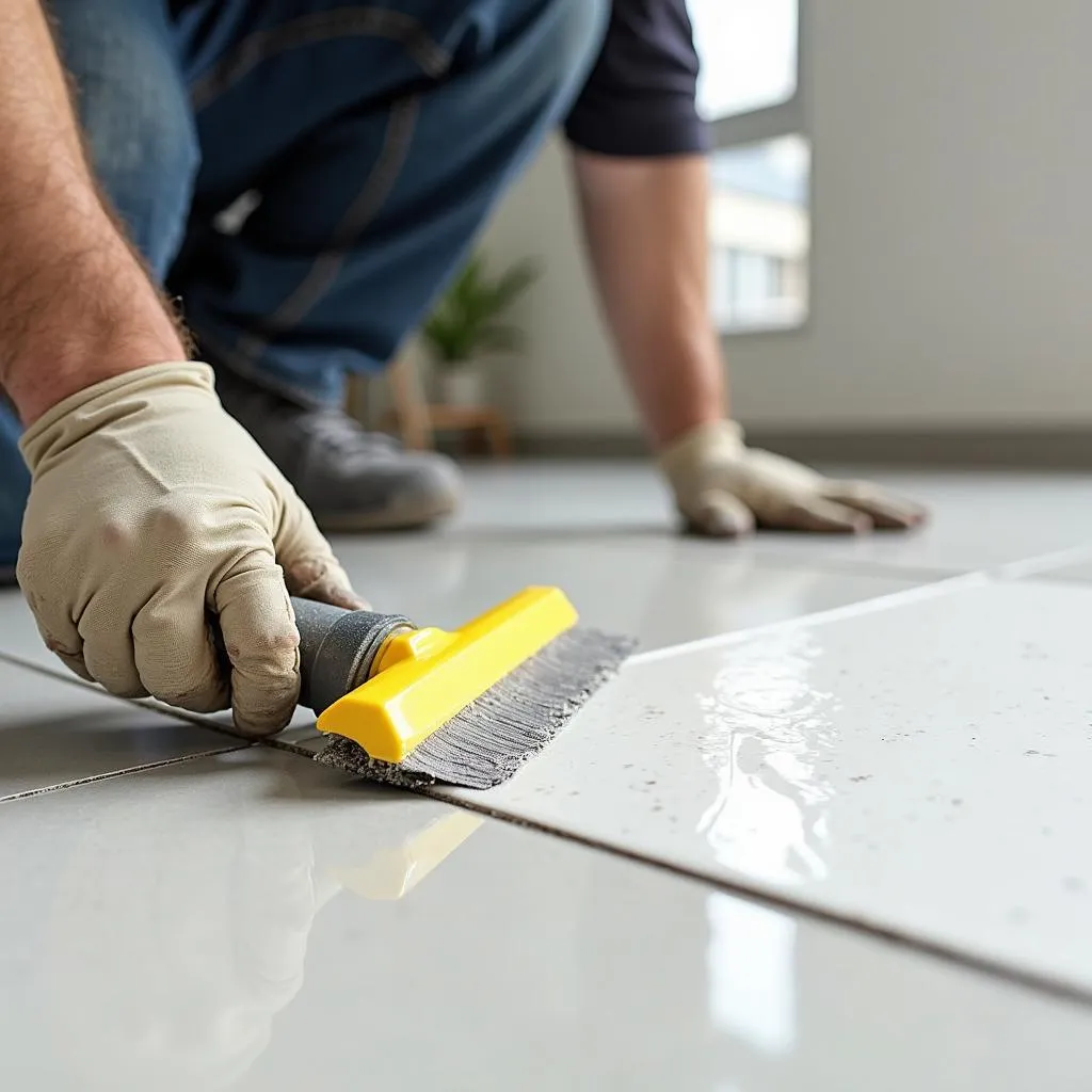 Epoxy grout being applied to tiles in Pakistan