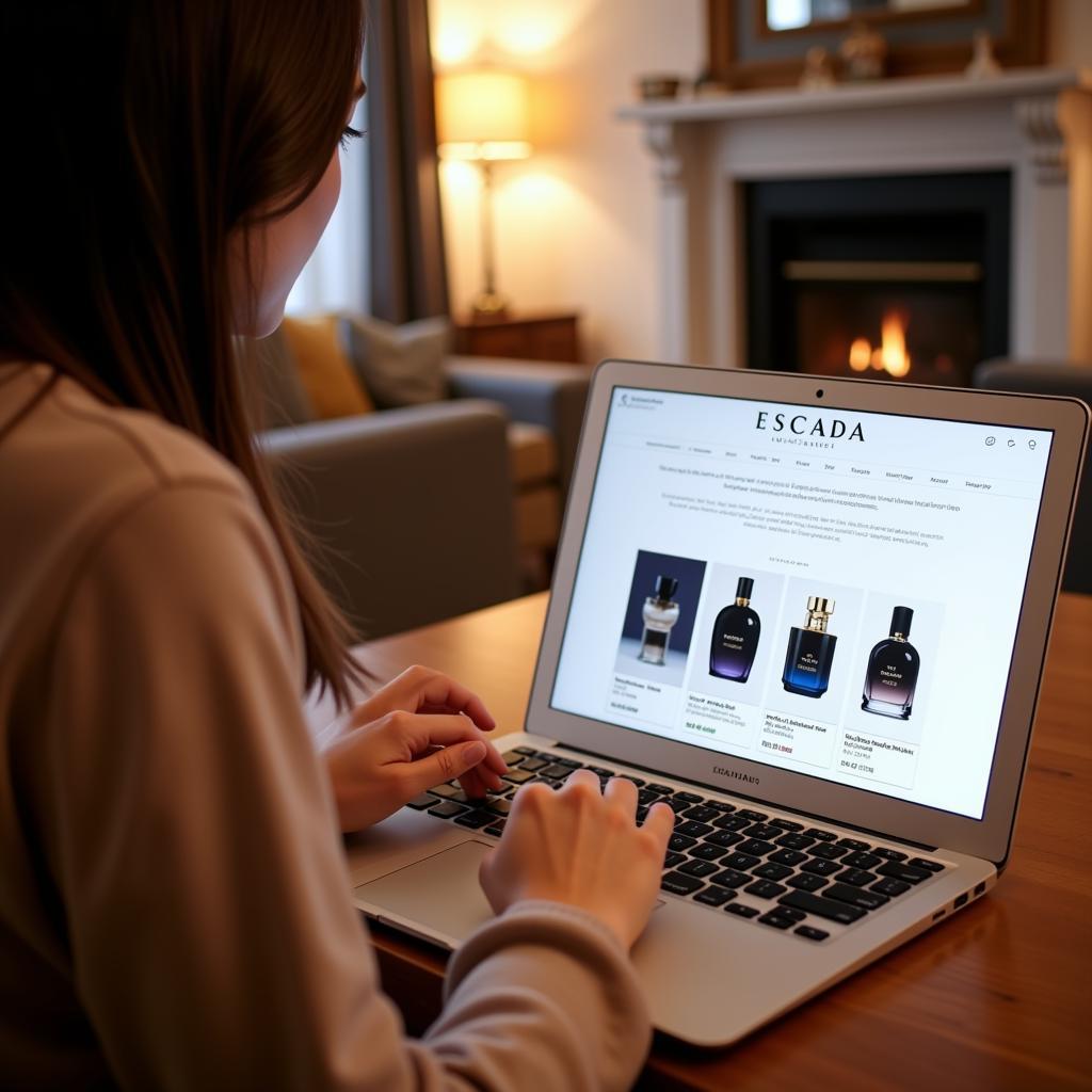 Woman Browsing Escada Perfumes on an E-commerce Website in Pakistan