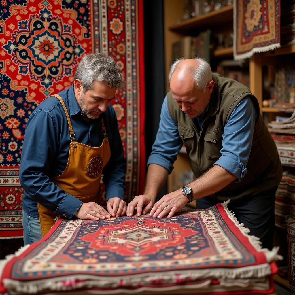 Customer inspecting the quality of an Iranian carpet