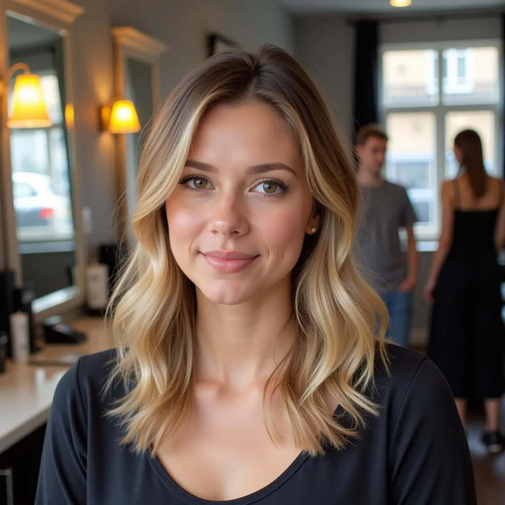 A professional hairstylist consulting with a client, examining their hair and discussing the best keratin treatment options.