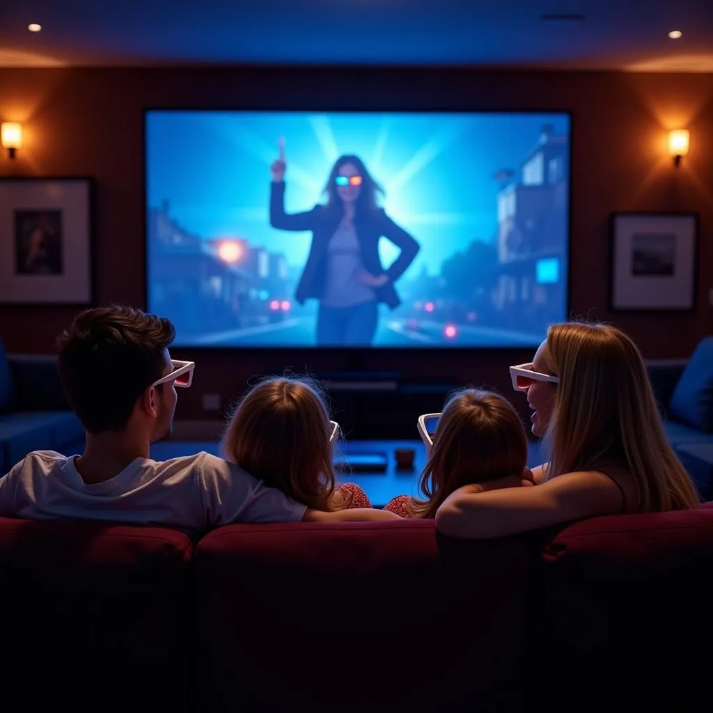 A Family Wearing 3D Glasses Watching a 3D Movie at Home