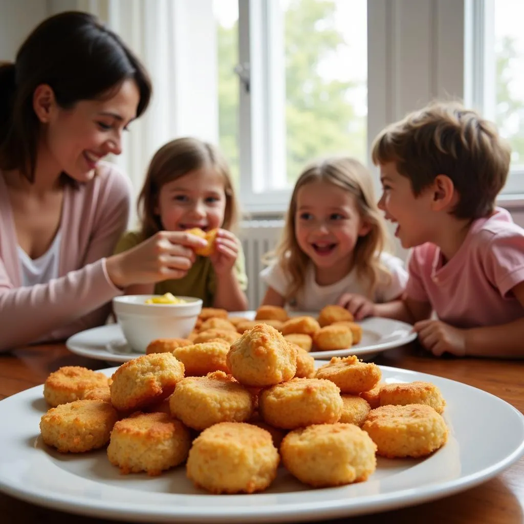 Family sharing a meal of chicken nuggets