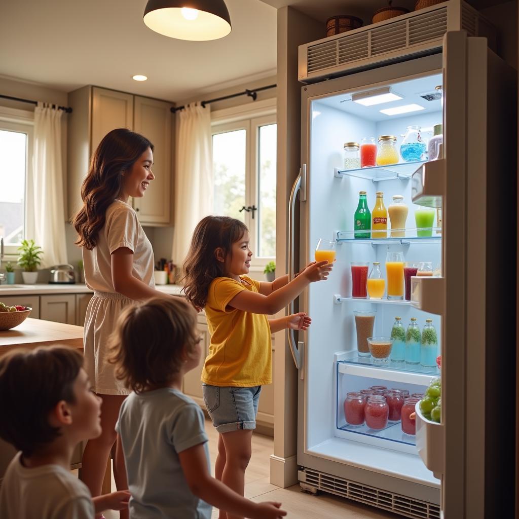 Family Enjoying Cold Drinks from Haier Refrigerator