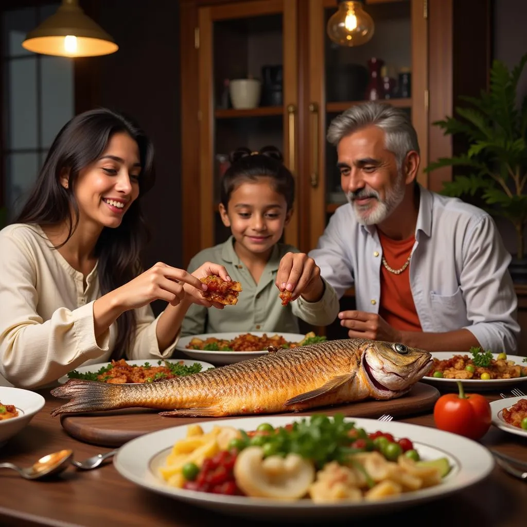 A Pakistani family enjoying a meal with grilled fatty fish