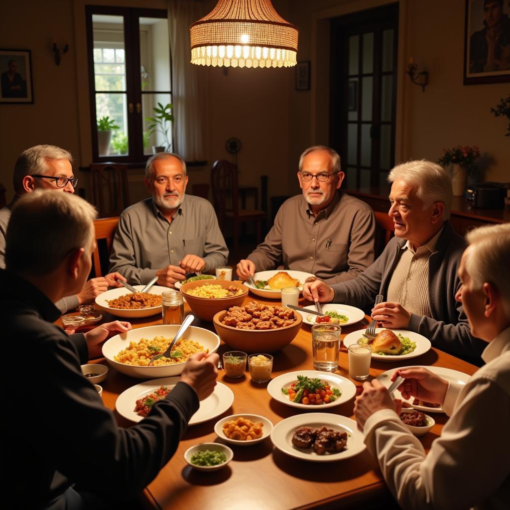 Pakistani family sharing a meal featuring dishes with khal banola