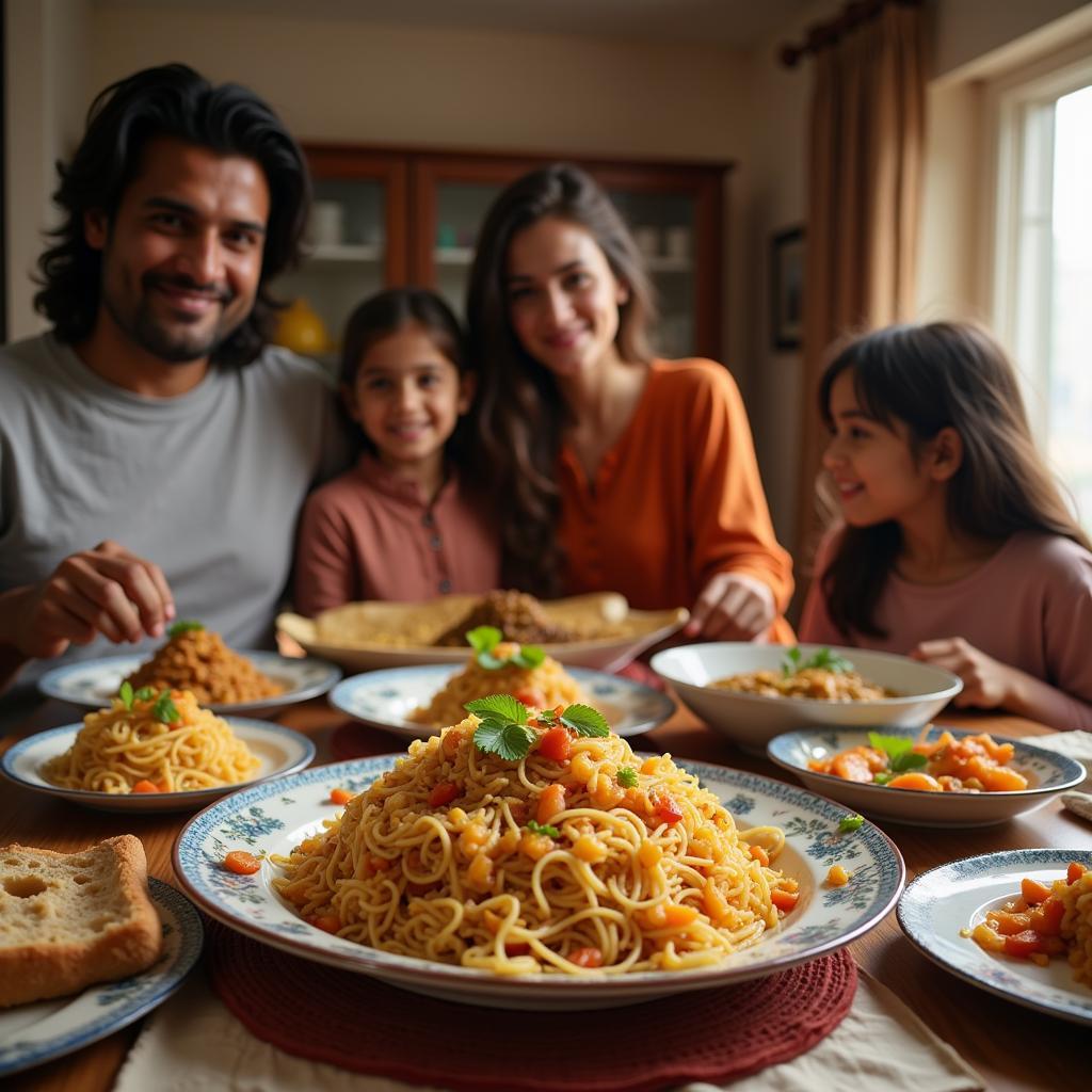 A family enjoying a meal with rice noodles