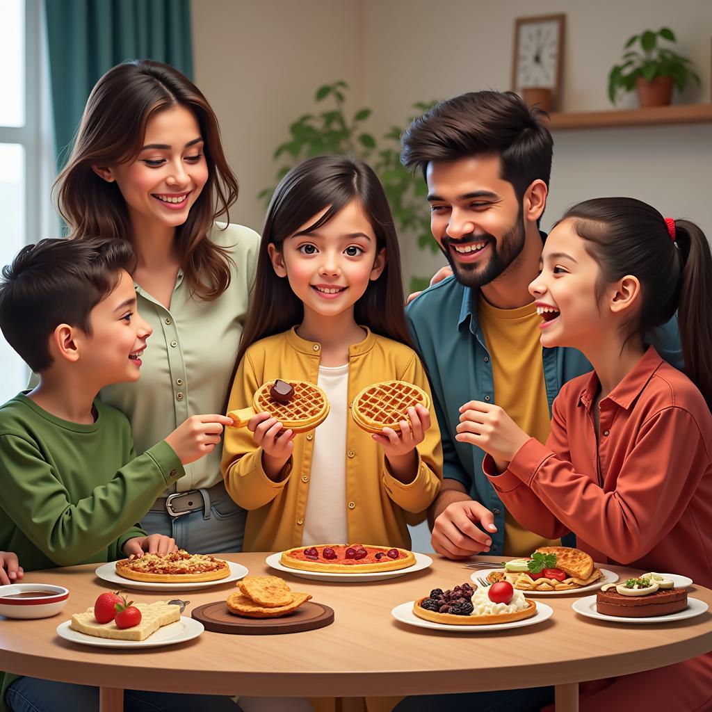 A family in Pakistan enjoying waffles together.