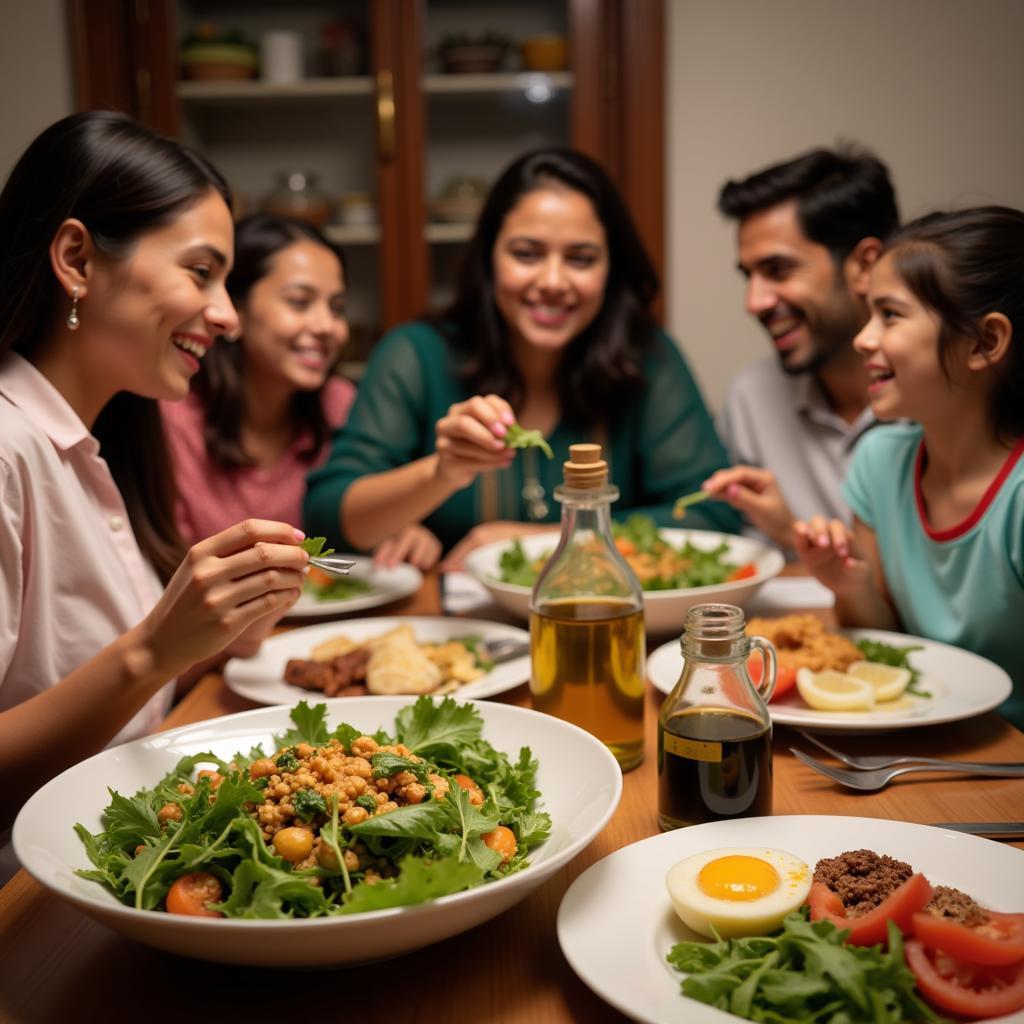 A Pakistani family enjoys a meal with salad drizzled with Italian olive oil dressing