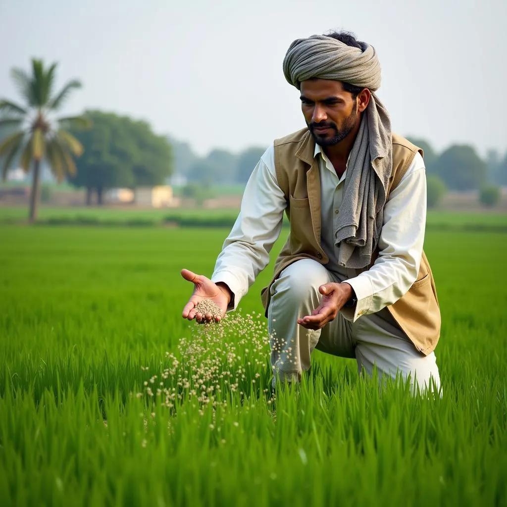 Pakistani farmer scattering fertilizer in a field