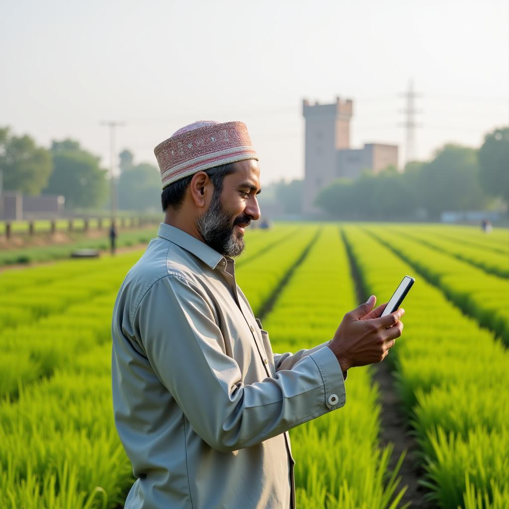 Farmer using a smartphone to check fertilizer prices