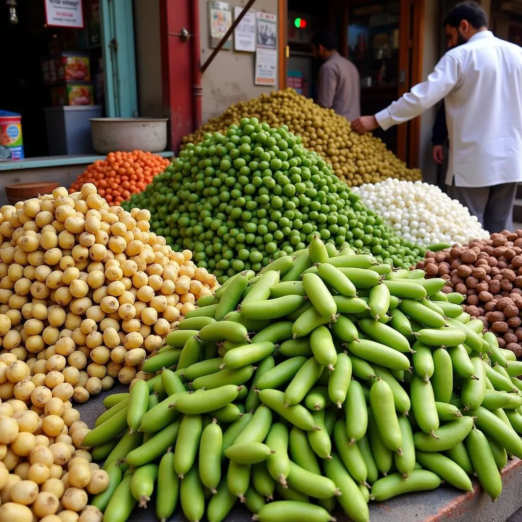 Fresh fava beans for sale at a bustling Pakistani market