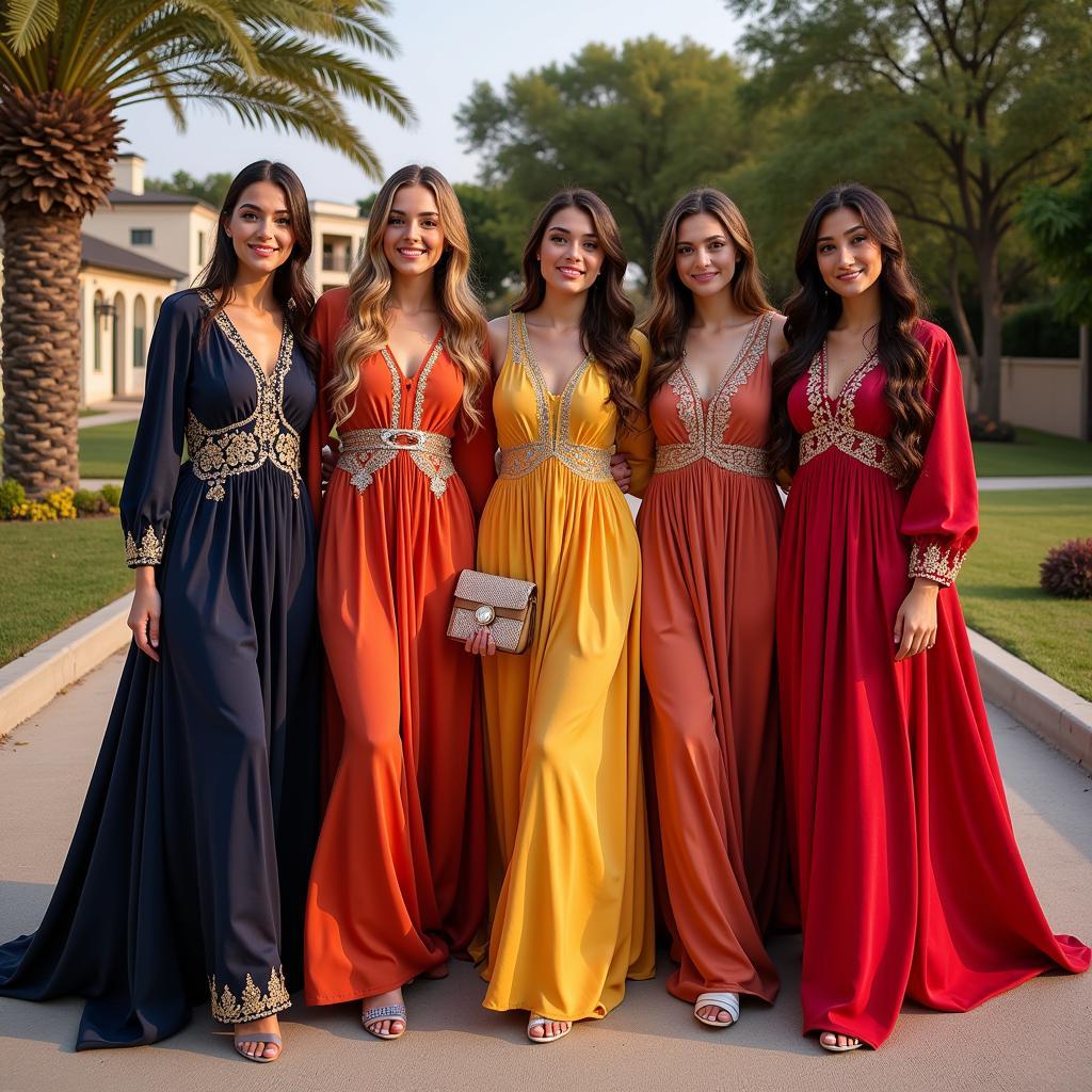 Women wearing festive open gown dresses for Eid celebrations