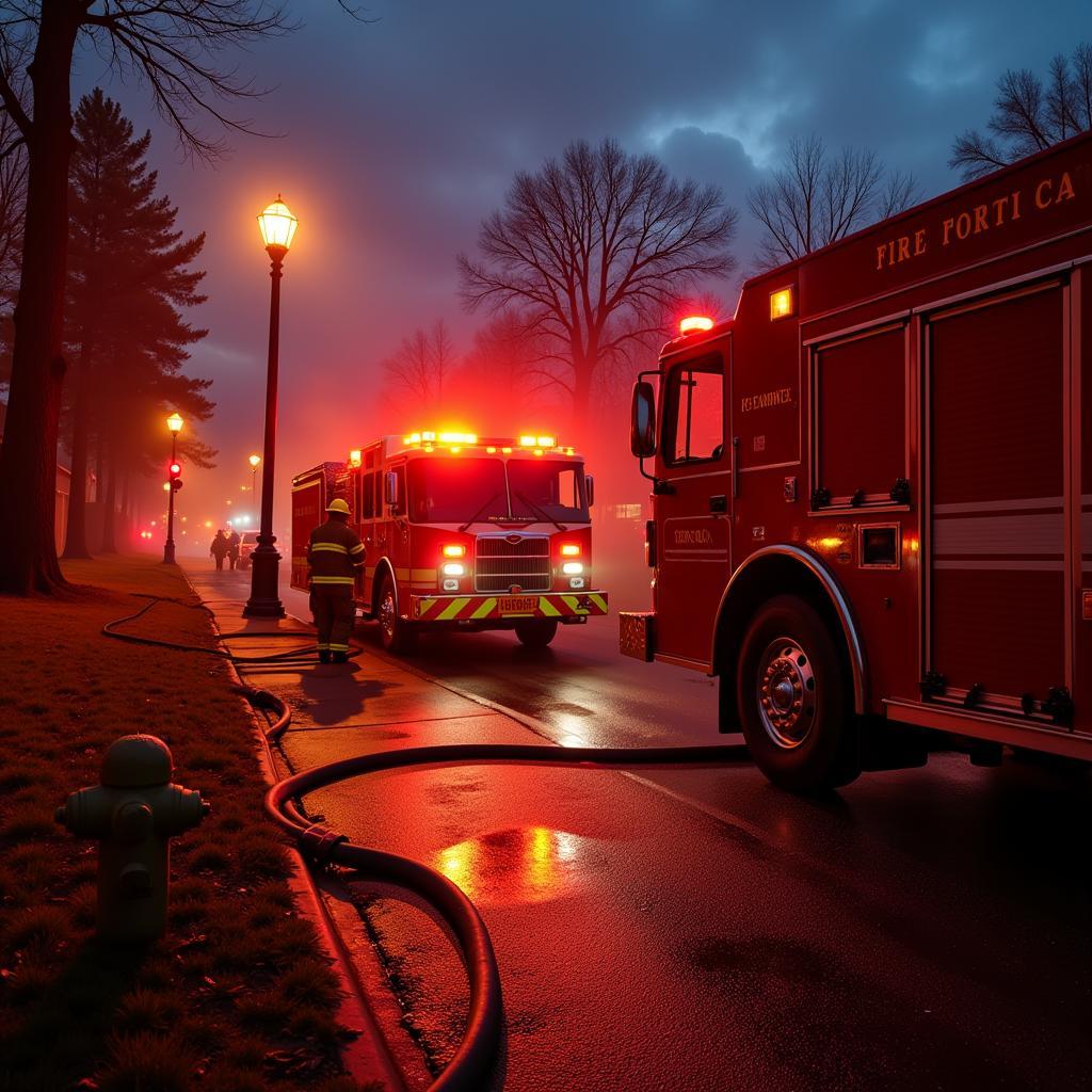 Fire truck connected to a fire hydrant