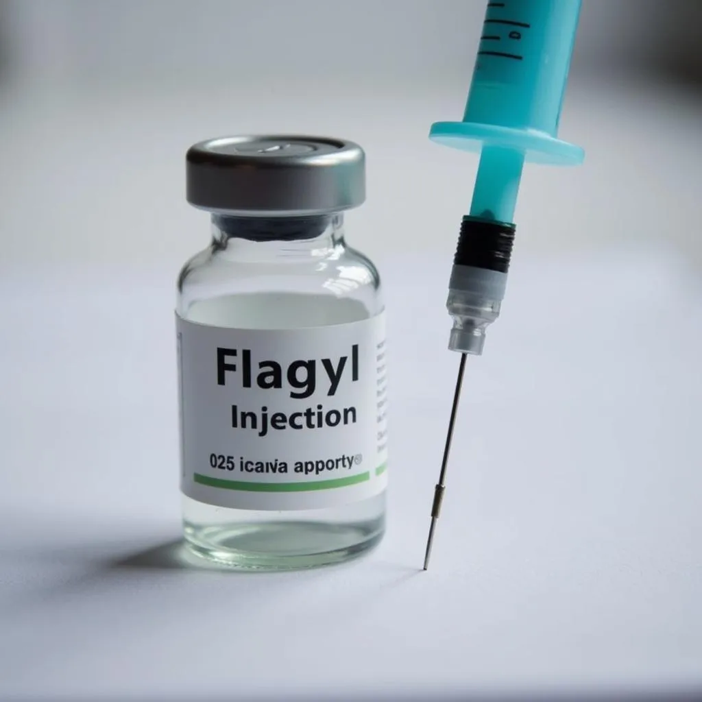 Close-up image of a Flagyl injection vial and syringe