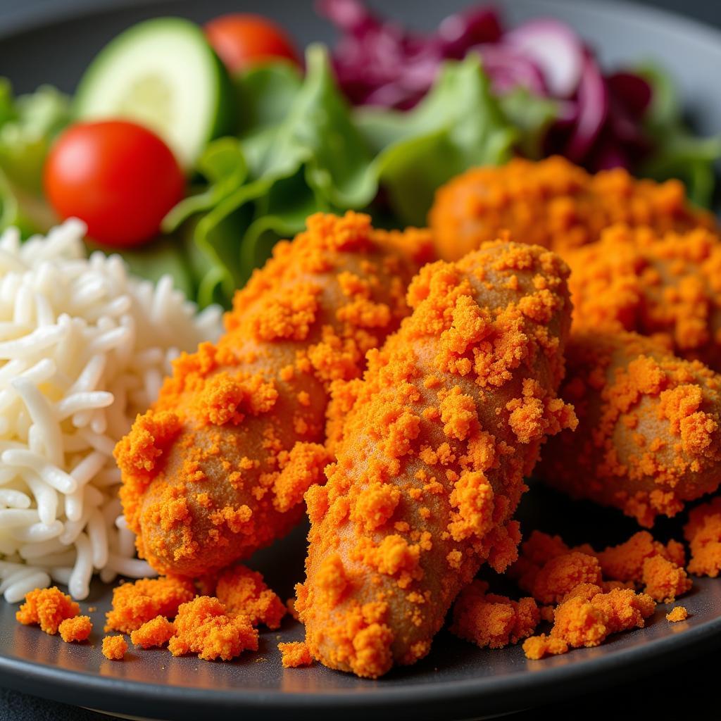 A plate of Flaming Hot Cheetos-crusted chicken served with rice and salad