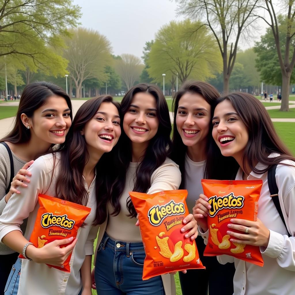 Young adults in Pakistan taking selfies with Flaming Hot Cheetos