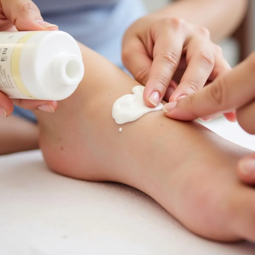 Fluconazole cream applied to the affected area of a foot with athlete's foot