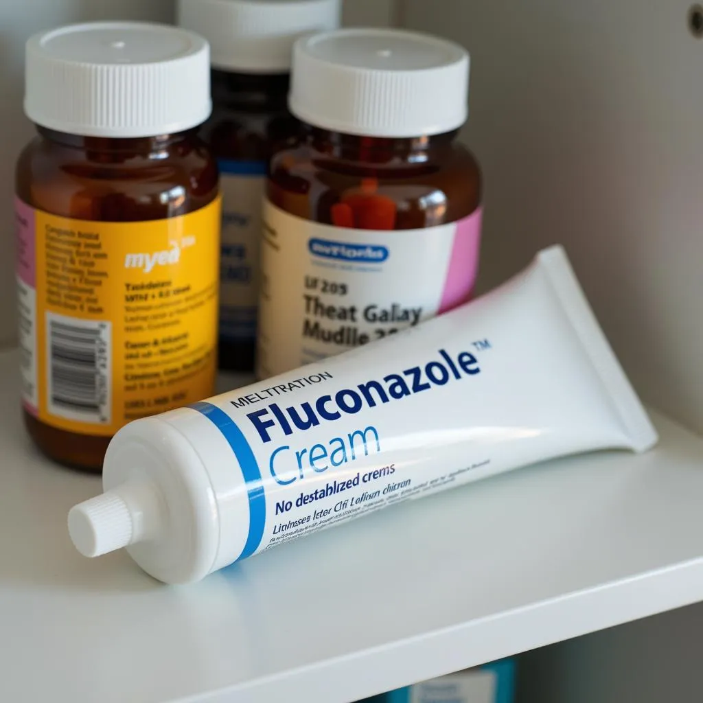 A tube of fluconazole cream stored properly in a medicine cabinet