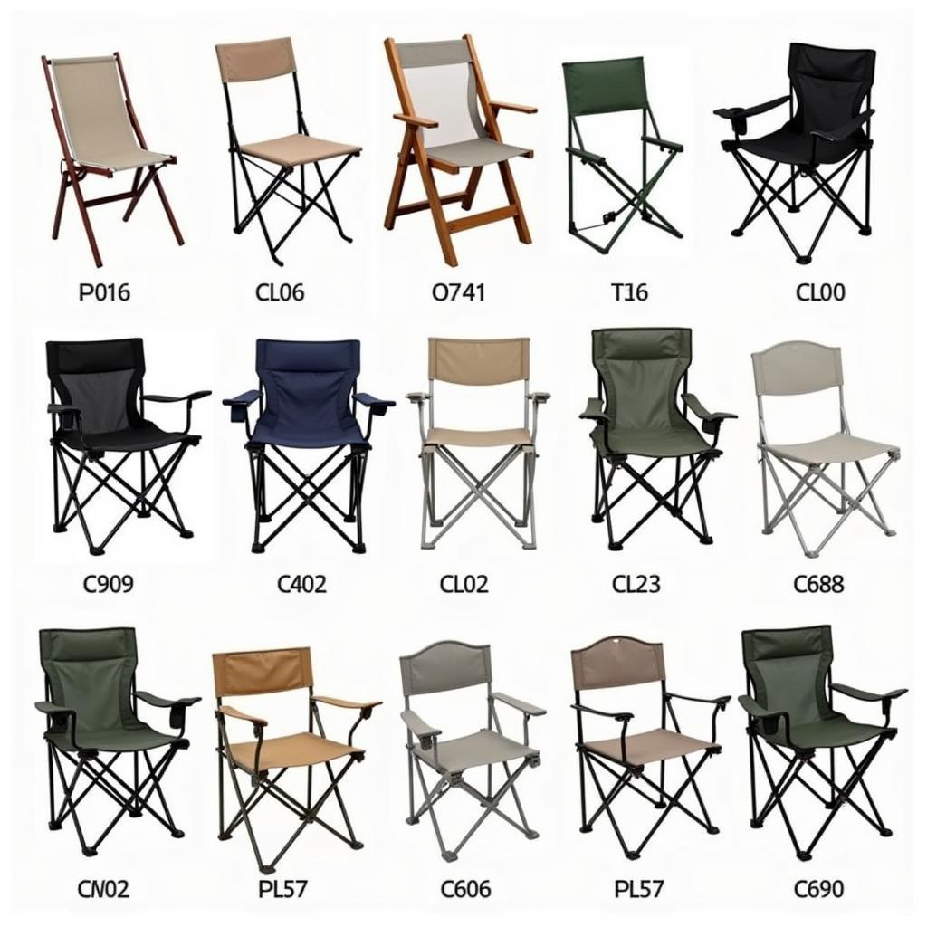 Folding chairs in various colors and materials.