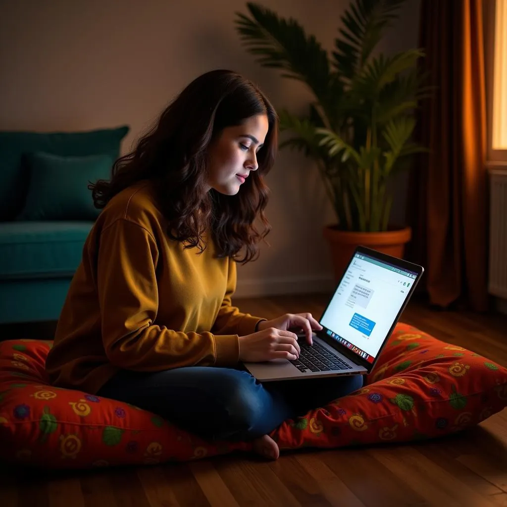 Woman using a laptop to send free SMS in Pakistan