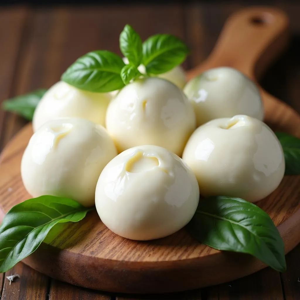 Fresh mozzarella cheese in Pakistan on a wooden board.