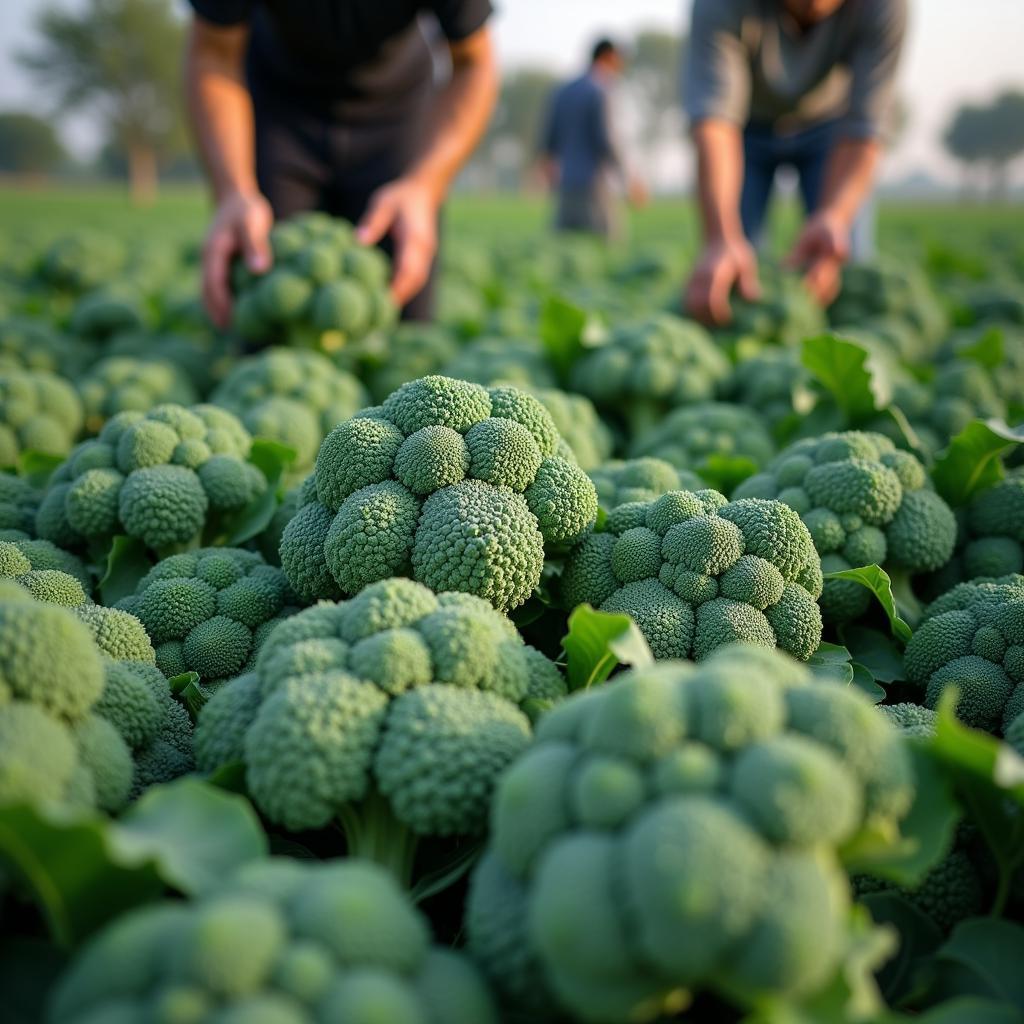 Farmers harvest fresh broccoli in a field in Pakistan