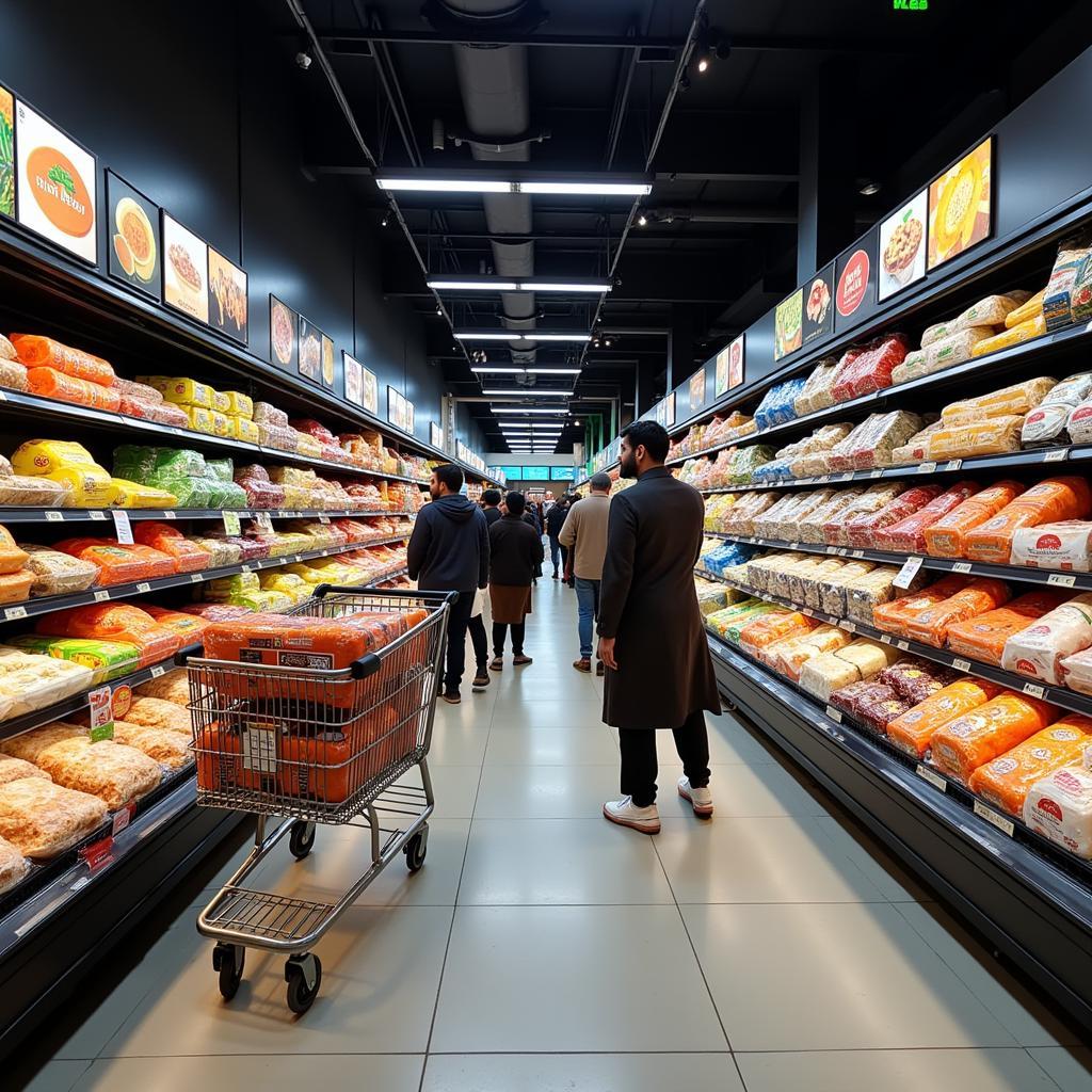 Bustling frozen food aisle in a Pakistani supermarket