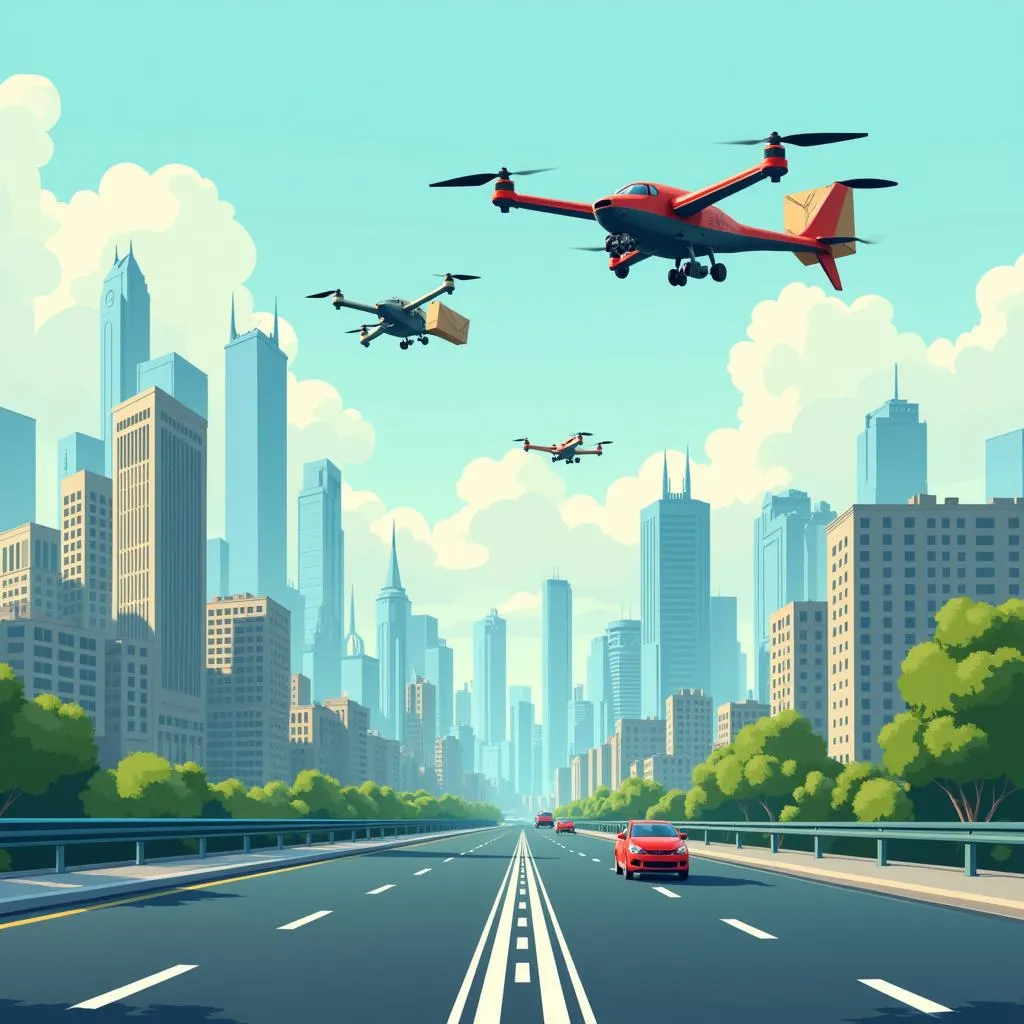 Futuristic cityscape with drones delivering packages in Pakistan