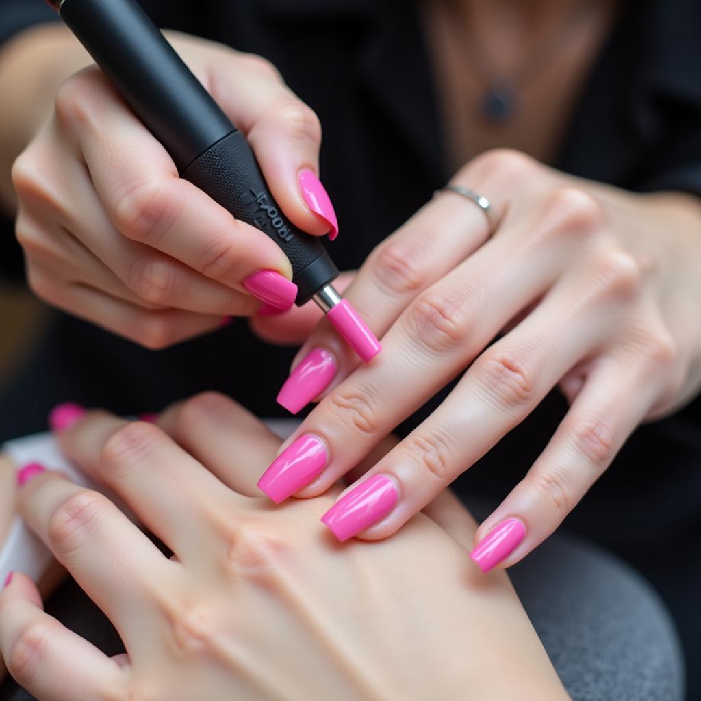 Applying gel nail polish in a Pakistani salon