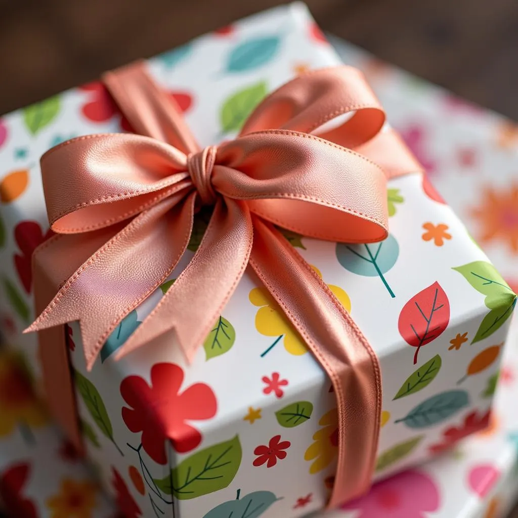 A plush toy wrapped in colorful paper and adorned with a bow