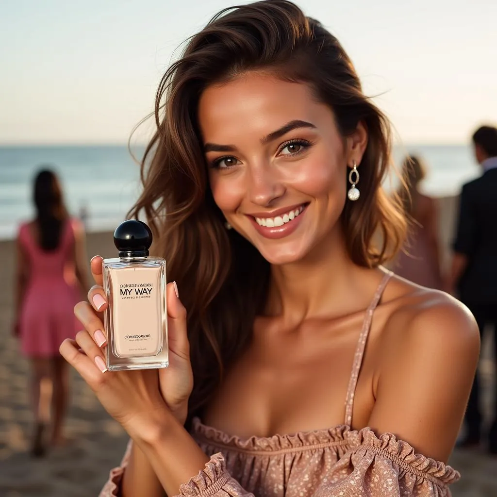 A woman holding Giorgio Armani My Way perfume bottle